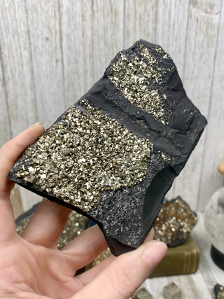 Pyrite on Shungite Raw Layered Plate | Brazil from Curious Muse Crystals Tagged with abundance, black, brazil, cleansing, gold, manifestation, purification, pyrite, shungite