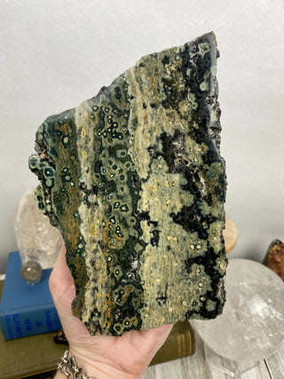 Ocean Jasper Slab from Curious Muse Crystals Tagged with Crystal healing, drusy pocket, hide-notify-btn, jasper, Madagascar mineral, mineral collection, natural mineral, ocean jasper, Orbicular jasper, peace and calming, purple, reiki healing, slab, white