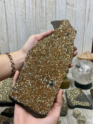 Pyrite on Shungite Raw Layered Plate | Brazil from Curious Muse Crystals Tagged with abundance, black, brazil, cleansing, gold, manifestation, purification, pyrite, shungite