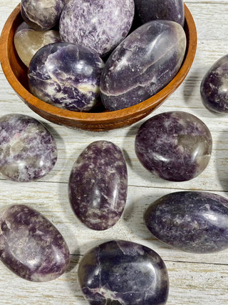 Lepidolite with Citrine Palm Stone from Curious Muse Crystals Tagged with carving, citrine, crystal, lepidolite, palm stone, palmstone, polished, purple