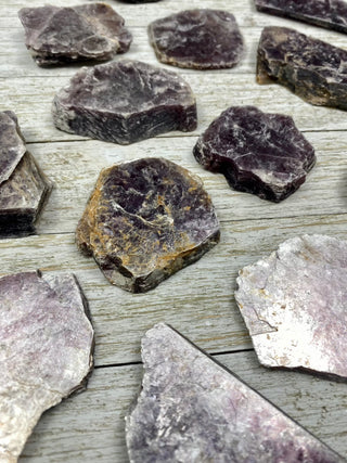 Lepidolite Mica Slices from Curious Muse Crystals Tagged with crystal, lepidolite, lithium, mica, purple, raw, raw mineral