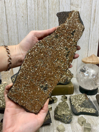 Pyrite on Shungite Raw Layered Plate | Brazil from Curious Muse Crystals Tagged with abundance, black, brazil, cleansing, gold, manifestation, purification, pyrite, shungite