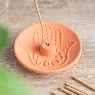 Hamsa Terracotta Incense Burner Plate from Curious Muse Crystals Tagged with Hamsa, incense burner, incense holder, sacred space, terracotta