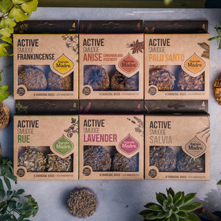 Active Charcoal Smudge Discs from Sagrada Madre Tagged with botanical incense, charcoal, charcoal disc, herb bundle, Sagrada Madre, Smoke cleansing, sustainable incense