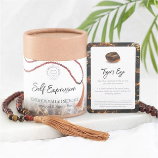 Self Expression Mala | Rosewood & Tiger's Eye Prayer Bead Necklace from Curious Muse Crystals Tagged with beaded necklace, Crystal healing, mala, prayer beads, reiki healing, rosewood, self expression, tiger eye, tigers eye