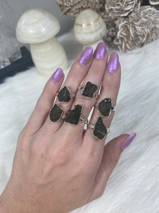 Moldavite in Sterling Silver Adjustable Ring | Genuine Tektite from Czech Republic from Curious Muse Crystals for 88. Tagged with adjustable ring, clear, Crown crystal, crystal jewelry, genuine tektite, green, moldavite, natural moldavite, sterling s