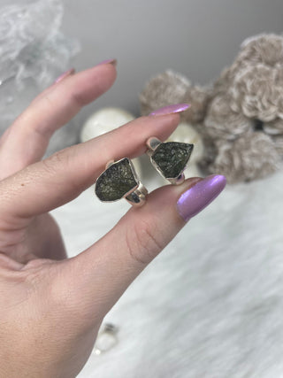 Moldavite in Sterling Silver Adjustable Ring | Genuine Tektite from Czech Republic from Curious Muse Crystals for 88. Tagged with adjustable ring, clear, Crown crystal, crystal jewelry, genuine tektite, green, moldavite, natural moldavite, sterling s