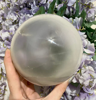 Selenite Gypsum Sphere Satin Spar Cleansing from Curious Muse Crystals aura cleansing, beginner crystal, cleansing, cleansing crystal, clear, crown chakra, crystal healing, crystal magic, crystal sphere, energy work,