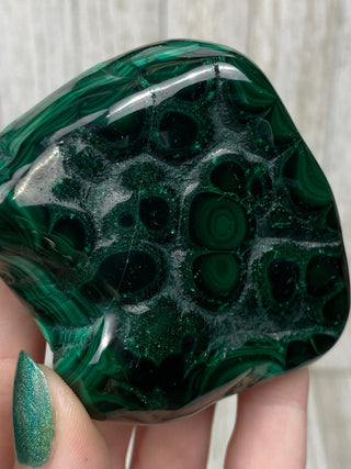 Malachite High Grade Polished Chunk from Curious Muse Crystals Tagged with Copper Stone, Crystal Healing, Dark Green Stone, Genuine Crystal, green, Hearth Chakra, hide-notify-btn, Malachite, Manifestation, Mineral Collection, Natural Mineral, Raw Min