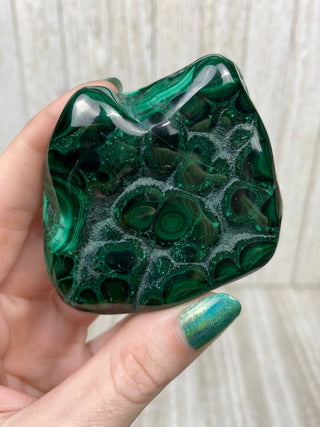 Malachite High Grade Polished Chunk from Curious Muse Crystals Tagged with Copper Stone, Crystal Healing, Dark Green Stone, Genuine Crystal, green, Hearth Chakra, hide-notify-btn, Malachite, Manifestation, Mineral Collection, Natural Mineral, Raw Min