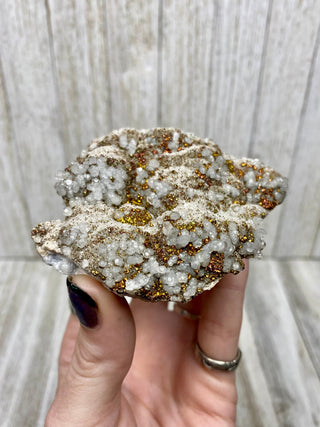 Calcite with Chalcopyrite | Cozamin Mine, Zacatecas, Mexico from Curious Muse Crystals Tagged with calcite, chalcopyrite, clear, fine mineral, gold, hide-notify-btn, mexico, raw