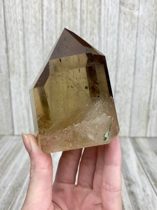 Citrine Tower from Brazil with Green Tourmaline | Polished Crystal Obelisk from Curious Muse Crystals Tagged with brazil, citrine, Crystal healing, genuine crystal, natural citrine, solar plexus chakra, tower, yellow