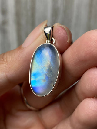 Rainbow Moonstone in Sterling Silver Pendant from Curious Muse Crystals Tagged with big crystal necklace, blue, blue crystal jewelry, blue moonstone, crystal energy, Crystal Jewelry, moonstone, natural moonstone, Pendant, rainbow moonstone, reiki hea