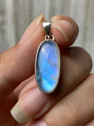 Rainbow Moonstone in Sterling Silver Pendant from Curious Muse Crystals Tagged with big crystal necklace, blue, blue crystal jewelry, blue moonstone, crystal energy, Crystal Jewelry, moonstone, natural moonstone, Pendant, rainbow moonstone, reiki hea