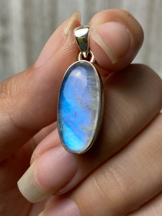Rainbow Moonstone in Sterling Silver Pendant from Curious Muse Crystals Tagged with big crystal necklace, blue, blue crystal jewelry, blue moonstone, crystal energy, Crystal Jewelry, moonstone, natural moonstone, Pendant, rainbow moonstone, reiki hea