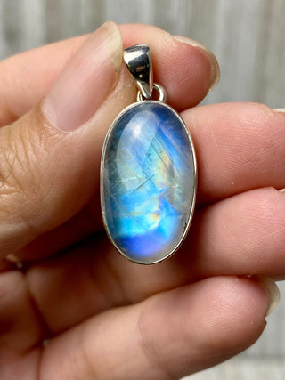 Rainbow Moonstone in Sterling Silver Pendant from Curious Muse Crystals Tagged with big crystal necklace, blue, blue crystal jewelry, blue moonstone, crystal energy, Crystal Jewelry, moonstone, natural moonstone, Pendant, rainbow moonstone, reiki hea