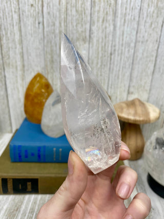 Rainbow Filled Quartz Flame from Curious Muse Crystals Tagged with brazil, carving, clear, clear quartz, crystal, flame, hide-notify-btn, polished, quartz, tower