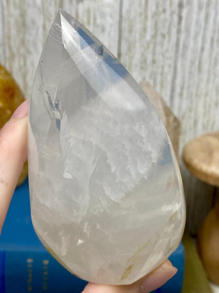 Girasol Quartz Flame | Smoky Gray Layering from Curious Muse Crystals Tagged with brazil, carving, clear, clear quartz, crystal, flame, hide-notify-btn, pink, polished, quartz, tower