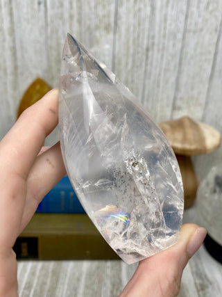Rainbow Filled Quartz Flame from Curious Muse Crystals Tagged with brazil, carving, clear, clear quartz, crystal, flame, hide-notify-btn, polished, quartz, tower