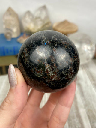 Astrophyllite with Garnet Sphere from Curious Muse Crystals Tagged with astrophyllite, black, blue, garnet, gold, hide-notify-btn, high quality, red, sphere
