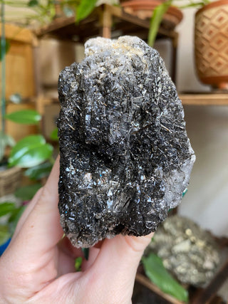 May include: A black and clear crystal cluster with a rough, textured surface. The crystal is a combination of black tourmaline and clear quartz.