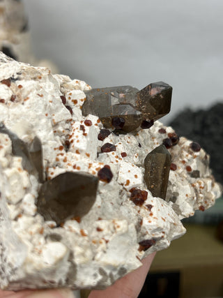 Garnet on Smoky Quartz and Feldspar | Collector Mineral