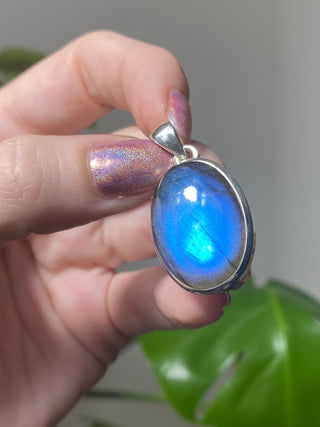 Blue Flash Labradorite in Sterling Silver Pendant | BL2 from Curious Muse Crystals Tagged with big crystal necklace, blue, blue crystal jewelry, blue labradorite, crystal energy, Crystal Jewelry, full flash lab, Labradorite, Pendant, reiki healing, silver crystal jewel, Sterling, sterling silver