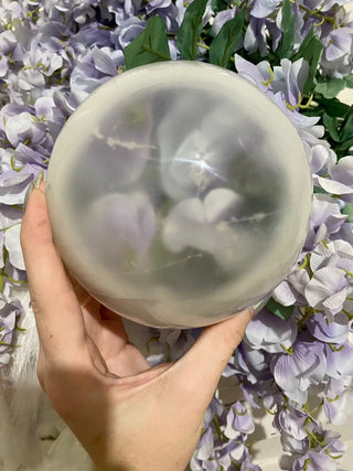 Selenite Gypsum Sphere | Satin Spar Cleansing | 4" and 5" from Curious Muse Crystals Tagged with aura cleansing, beginner crystal, cleansing, cleansing crystal, clear, crown chakra, crystal healing, crystal magic, crystal sphere, energy work, genuine crystal, selenite, soothing stone, sphere, white