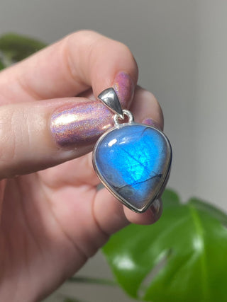 Blue Flash Labradorite in Sterling Silver Pendant | BL1 from Curious Muse Crystals Tagged with big crystal necklace, blue, blue crystal jewelry, blue labradorite, crystal energy, Crystal Jewelry, full flash lab, Labradorite, Pendant, reiki healing, silver crystal jewel, Sterling, sterling silver