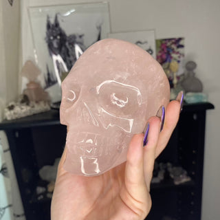 Rose Quartz Skull - Ancestor Work from Curious Muse Crystals Tagged with carving, Crystal carving, crystal energy, crystal skull, hide-notify-btn, inner child, Madagascar mineral, pink, quartz, rose quartz, self care, skull