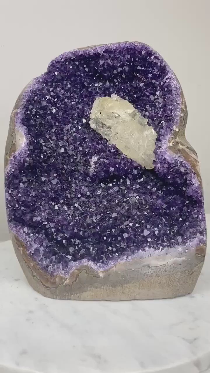 Amethyst on Calcite - Incredible Double Terminated Goethite included Amethyst - Cut Base from Brazil