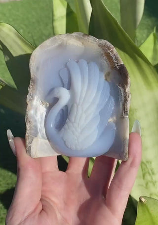 Blue Chalcedony Hand Carved Swan Bird Geode - Crystal Home Decor