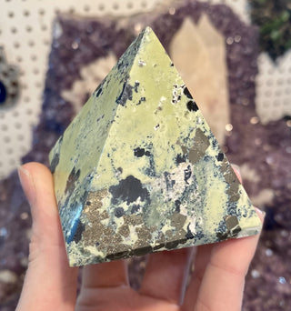 Serpentine with Pyrite Square Pyramid from Curious Muse Crystals Tagged with green, peru, pyramid, pyrite, serpentine