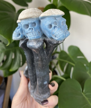 Trollite Skulls on Branches Carving from Curious Muse Crystals Tagged with black, blue, carving, hide-notify-btn, skull, trollite, white