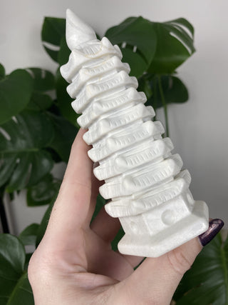 White Jade Pagoda Carving from Curious Muse Crystals Tagged with carving, hide-notify-btn, jade, sacred space, statue, white, white jade