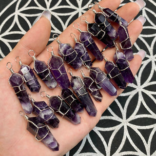 Amethyst Crystal Wire Wrap Pendant | Charm Necklace from Curious Muse Crystals Tagged with amethyst, amethyst crystal, calming energy, crown chakra, crystal jewelry, crystal necklace, handmade jewelry, purple, purple crystal charm, raw amethyst pendant, reiki jewelry, third eye, wire wrap necklace