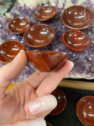 Red Jasper Crystal Bowl from Curious Muse Crystals Tagged with altar tool, bowl, candle holder, crystal bowl, Crystal carving, Crystal decor, genuine crystal, grounding crystal, jasper, offering bowl, red, red jasper, reiki crystal, reiki healing, reiki tools, ritual tool, sacred space