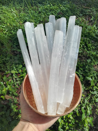 Raw Selenite Wand 4 Inch - Satin Spar Gypsum Cleansing Tool from Curious Muse Crystals for 4. Tagged with aura cleansing, cleansing wand, clear, crown chakra, Crystal tower, genuine crystal, raw selenite, selenite, selenite wand, soothing stone, white