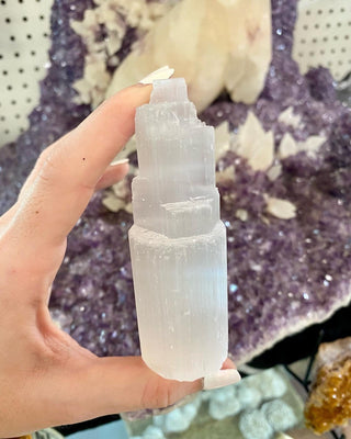 Selenite Small Raw Tower - Cleansing from Curious Muse Crystals Tagged with aura cleansing, cleansing, cleansing crystal, cleansing wand, clear, crown chakra, crystal healing, crystal magic, Crystal tower, energy work, genuine crystal, raw selenite, selenite, selenite wand, soothing stone, tower, white