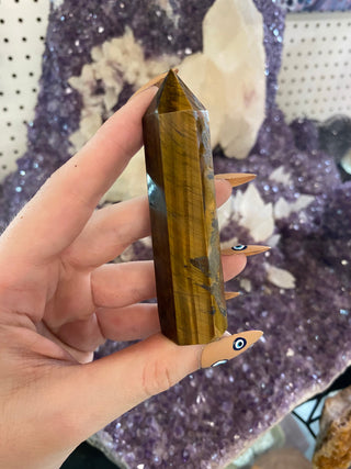 Tigers Eye Six Sided Tower - Confidence and Protection from Curious Muse Crystals Tagged with abundance stone, aura cleansing, brown, confidence, confidence crystal, crystal healing, crystal magic, Crystal tower, energy work, genuine crystal, protection, root chakra, solar plexus chakra, tigers eye, tower, yellow