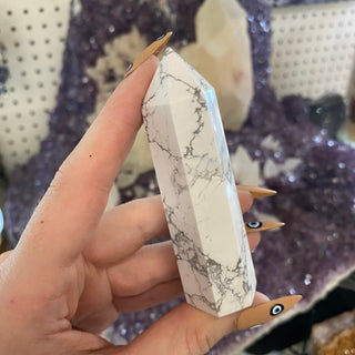 Howlite Six Sided Tower from Curious Muse Crystals Tagged with aura cleansing, black, crystal healing, crystal magic, Crystal tower, energy work, genuine crystal, howlite, Howlite tower, soothing stone, stress crystal, stress relief, tower, white, white howlite, white stone