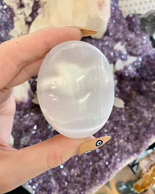 Selenite Gypsum Palm Stone - Cleansing from Curious Muse Crystals Tagged with aura cleansing, beginner crystal, cleansing, cleansing crystal, clear, crown chakra, crystal healing, crystal magic, energy work, genuine crystal, hand crystal, palm stone, palmstone, selenite, soothing stone, white