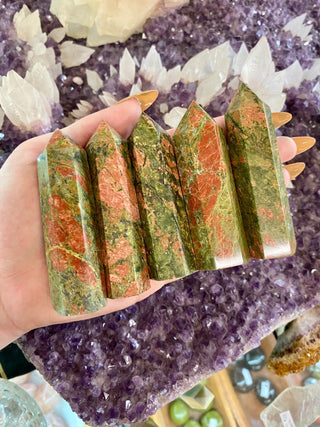 Unakite Six Sided Tower - Harmony & Alignment from Curious Muse Crystals Tagged with aura cleansing, crystal healing, crystal magic, Crystal tower, emotional balance, energy work, genuine crystal, green, harmony, heart chakra, heart healing, manifestation, pink, tower, trauma healing, unakite, Unakite stone, Unakite tower