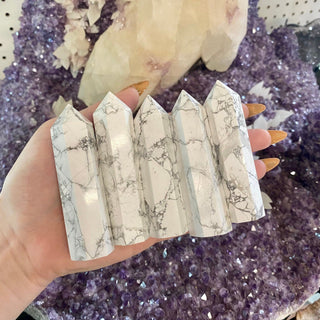 Howlite Six Sided Tower from Curious Muse Crystals Tagged with aura cleansing, black, crystal healing, crystal magic, Crystal tower, energy work, genuine crystal, howlite, Howlite tower, soothing stone, stress crystal, stress relief, tower, white, white howlite, white stone