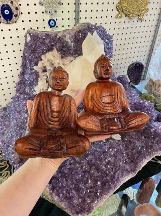 Teakwood Buddha from Curious Muse Crystals for 45.00. Tagged with buddha, Crystal healing, meditation decor, natural material, sitting buddha, statue, teakwood, teakwood carving, warm wood statue, wood decor, yoga room