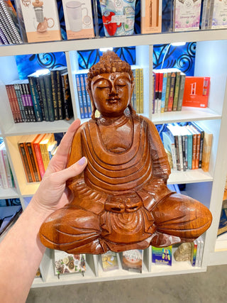 Teakwood Large Buddha from Curious Muse Crystals for 98.00. Tagged with buddha, Buddha statue, Crystal healing, meditation decor, natural material, sitting buddha, statue, teakwood, teakwood carving, warm wood statue, wood decor, yoga room