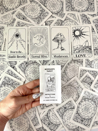Morgan's Tarot Deck - Alternative Divination - Hippie Oracle Deck from U.S. Games Systems, Inc for 21.95. Tagged with alternative tarot, black and white, deck, divination tool, hippie tarot, intuitive divination, intuitive tool, modern witch, morgans tarot, retro tarot, simple oracle deck, tarot, tarot deck, throat chakra, with guidebook