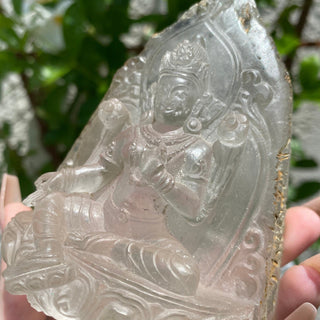 Nirvana Quartz Lakshmi- Himalayan Hand Carved Hindu Goddess from Curious Muse Crystals Tagged with clear, Crystal carving, hand carved idol, hand mined crystal, healing crystal, hide-notify-btn, high altitude quartz, Himalayan quartz, hindu goddess, lakshmi, laxsmi, nirvana quartz, quartz, reiki work, self healed quartz