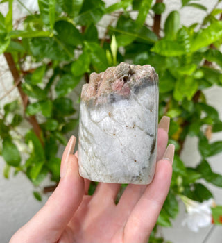 Pink and Green Tourmaline in Moonstone - Raw Top Polished Free Form from Curious Muse Crystals for 66. Tagged with Crystal healing, genuine crystal, hide-notify-btn, natural mineral, raw mineral, reiki crystal, tourmaline