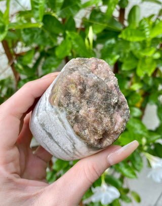 Pink and Green Tourmaline in Moonstone - Raw Top Polished Free Form from Curious Muse Crystals Tagged with Crystal healing, genuine crystal, hide-notify-btn, natural mineral, raw mineral, reiki crystal, tourmaline